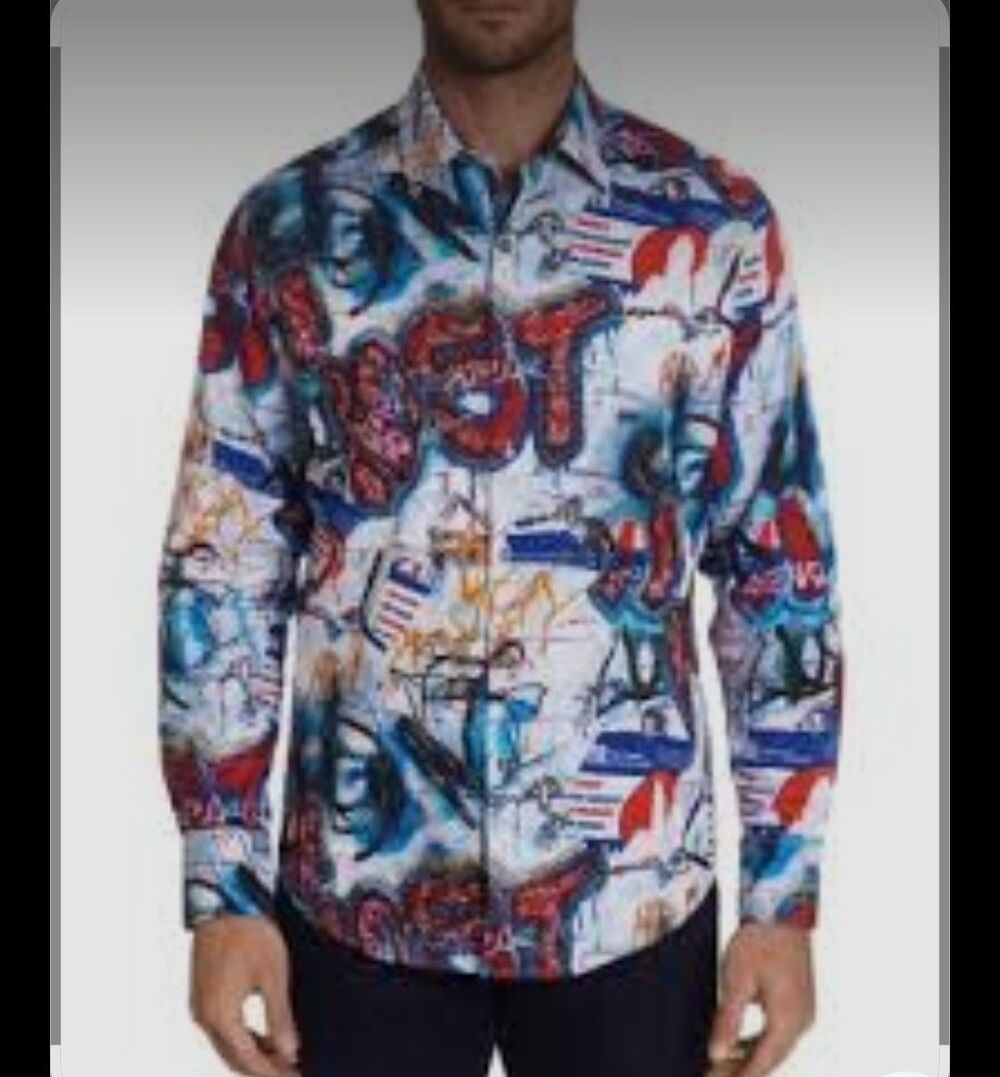 Robert Graham PICHACAO Graffiti Embroidered Sports Shirt Mens Medium Pop Art EUC